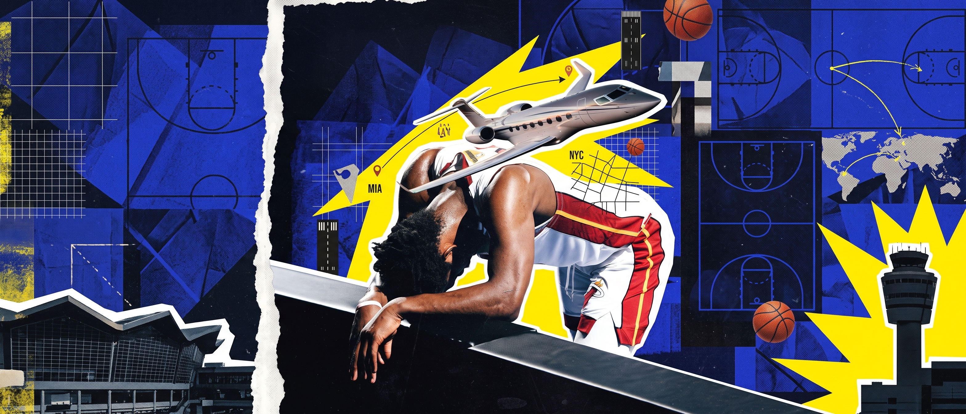 Illustrated collage of an NBA player leaning on a private jet wing, surrounded by travel and basketball motifs.