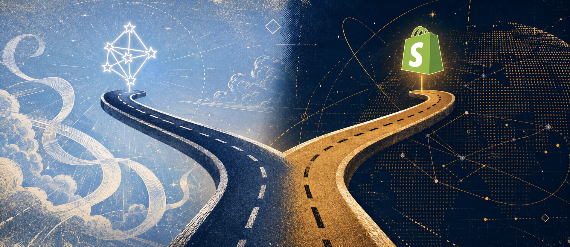 Two diverging roads leading up to a constellation logo on one side and the Shopify bag icon on the other, representing two futures for online retail.
